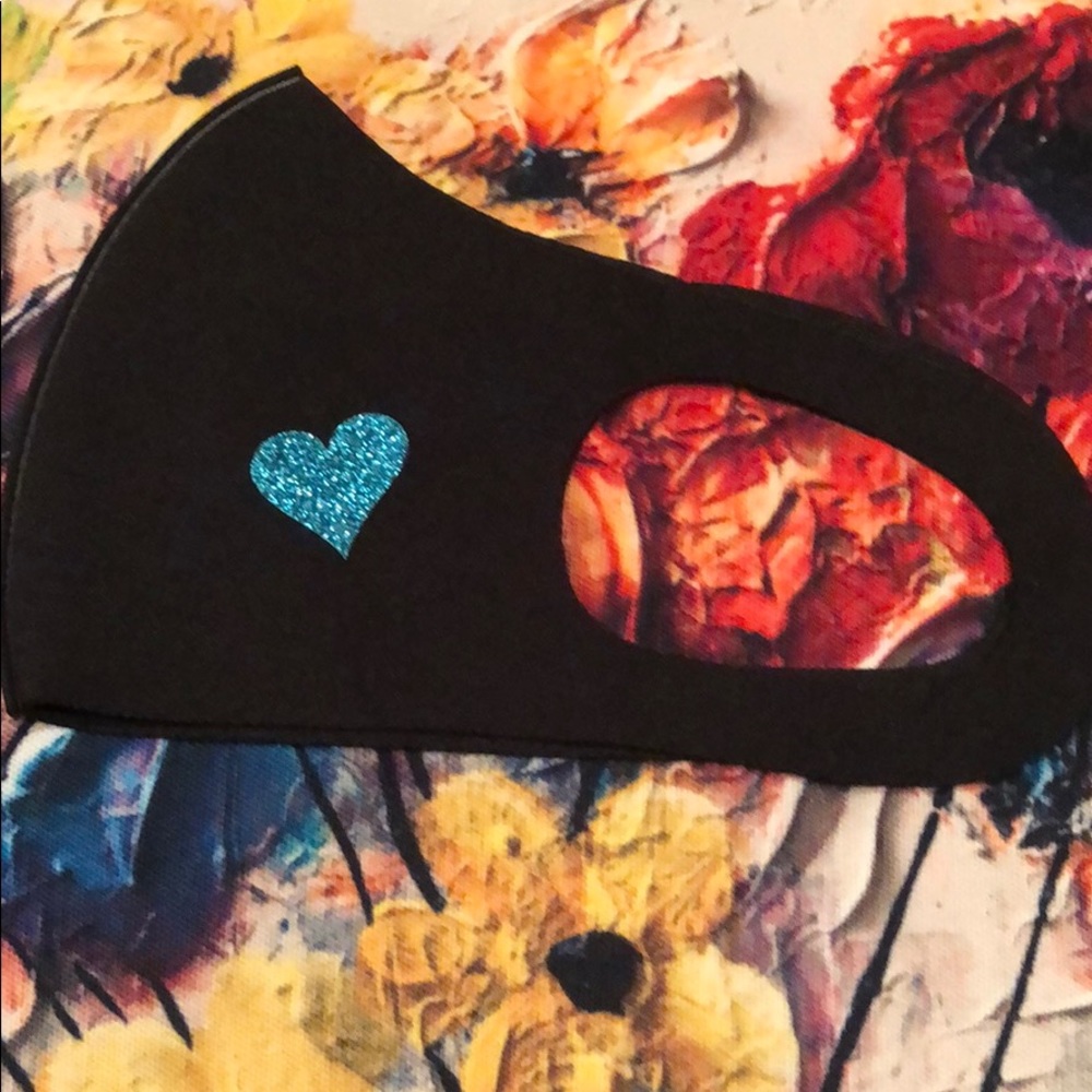 Glitter Shiny Heart Teal Black Face Mask